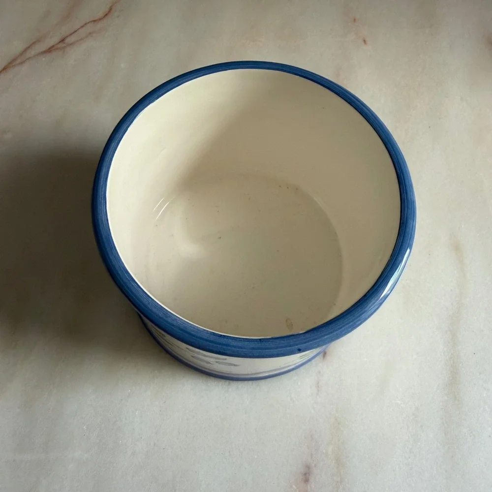 Ceramic Blueberry Crock Hand Painted Blue White Planter Jar 4.75in Cottagecore